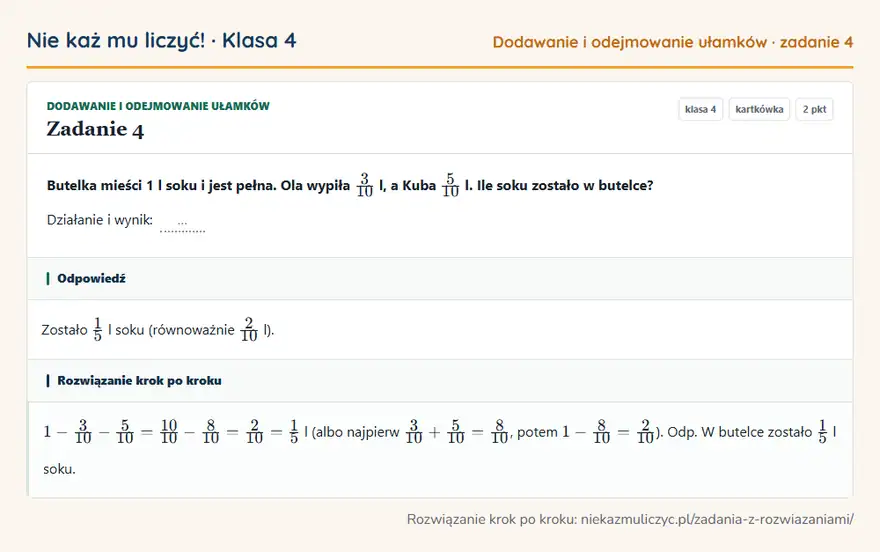 Rozwiązanie zadania 4, kartkówka „Dodawanie i odejmowanie ułamków”, klasa 4: Butelka mieści 1 l soku i jest pełna. Ola wypiła 3/10 l, a Kuba 5/10 l. Ile soku zostało w butelce?… Odpowiedź: Zostało 1/5 l soku (równoważnie 2/10 l)