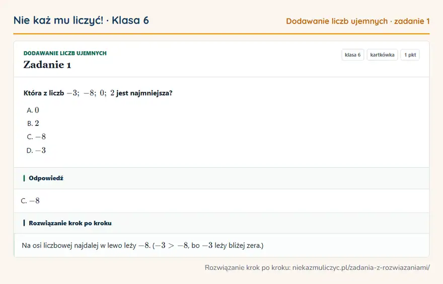 Rozwiązanie zadania 1 — Dodawanie liczb ujemnych (klasa 6): Która z liczb -3; -8; 0; 2 jest najmniejsza?