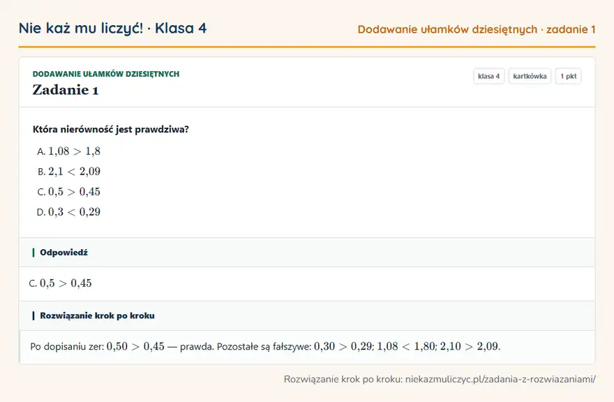 Rozwiązanie zadania 1 — Dodawanie ułamków dziesiętnych (klasa 4): Która nierówność jest prawdziwa?