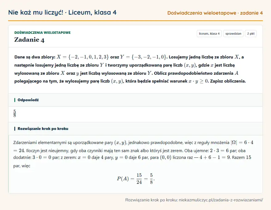 Rozwiązanie zadania 4 — Doświadczenia wieloetapowe (liceum, klasa 4): Dane są dwa zbiory: X = \-2, -1, 0, 1, 2, 3 oraz Y = \-3, -2, -1, 0. Losujemy jedną liczbę ze…