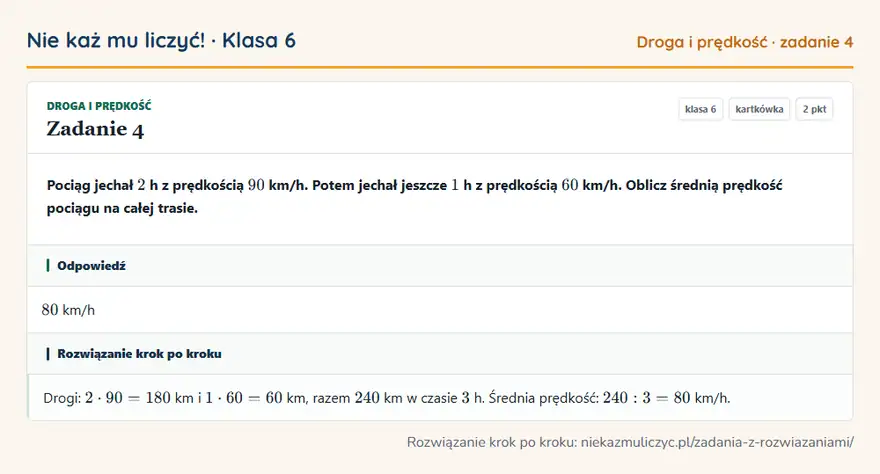 Rozwiązanie zadania 4 — Droga i prędkość (klasa 6): Pociąg jechał 2 h z prędkością 90 km/h. Potem jechał jeszcze 1 h z prędkością 60 km/h. Oblicz…