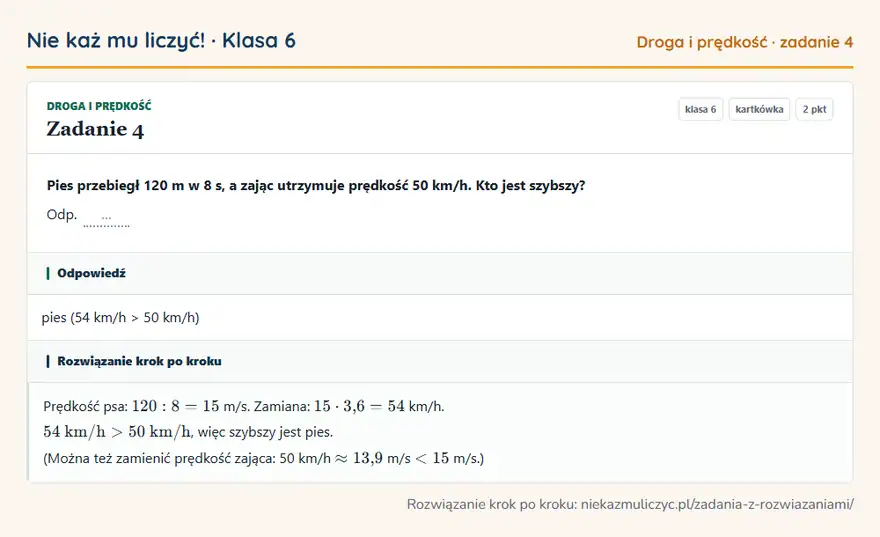 Rozwiązanie zadania 4 — Droga i prędkość (klasa 6): Pies przebiegł 120 m w 8 s, a zając utrzymuje prędkość 50 km/h. Kto jest szybszy? Odp. …