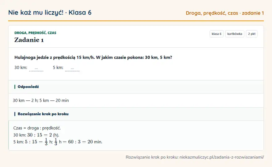 Rozwiązanie zadania 1 — Droga, prędkość, czas (klasa 6): Hulajnoga jedzie z prędkością 15 km/h. W jakim czasie pokona: 30 km, 5 km? 30 km: … 5 km: …
