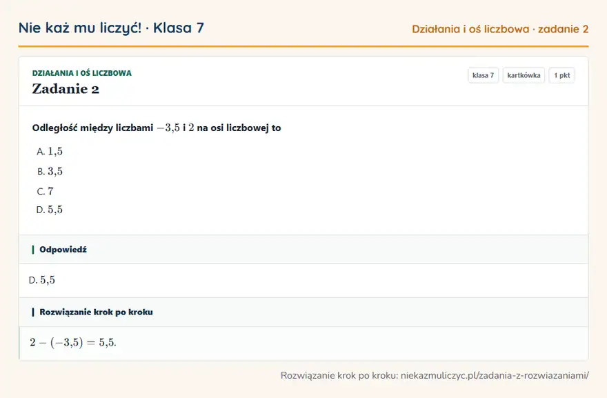 Rozwiązanie zadania 2 — Działania i oś liczbowa (klasa 7): Odległość między liczbami -3,5 i 2 na osi liczbowej to