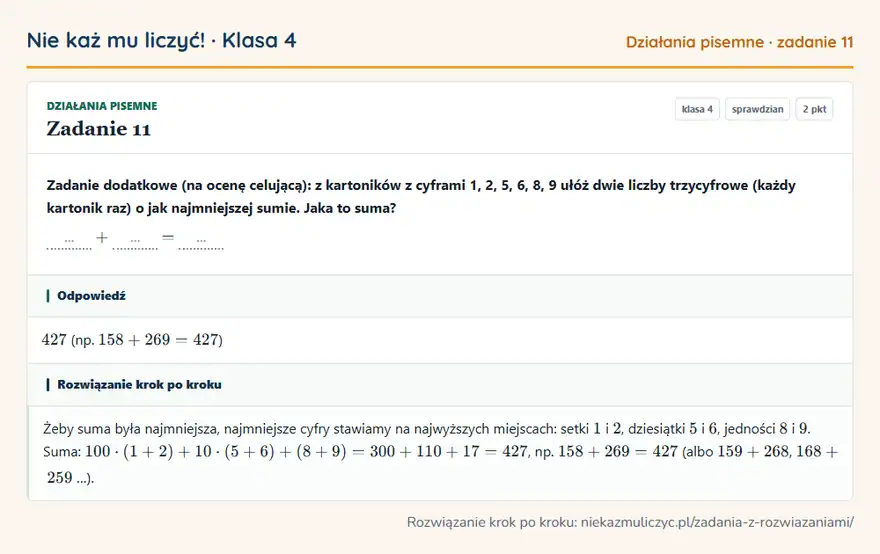 Rozwiązanie zadania 11, sprawdzian „Działania pisemne”, klasa 4: Zadanie dodatkowe (na ocenę celującą): z kartoników z cyframi 1, 2, 5, 6, 8, 9 ułóż dwie liczby… Odpowiedź: 427 (np. 158 + 269 = 427 )
