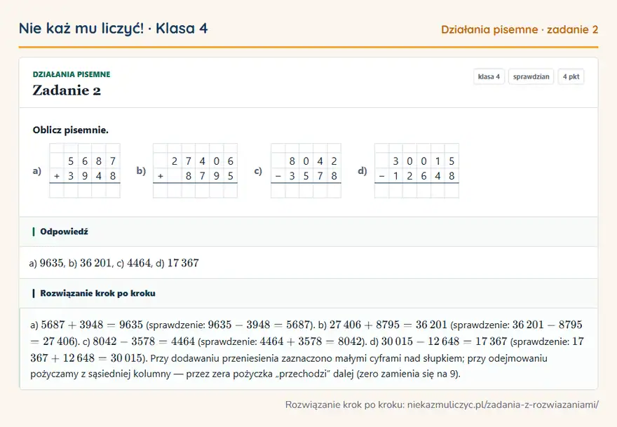 Rozwiązanie zadania 2, sprawdzian „Działania pisemne”, klasa 4: Oblicz pisemnie. a) 5 6 8 7 + 3 9 4 8 b) 2 7 4 0 6 + 8 7 9 5 c) 8 0 4 2 − 3 5 7 8 d) 3 0 0 1 5 − 1… Odpowiedź: a) 9635, b) 36 201, c) 4464, d) 17 367