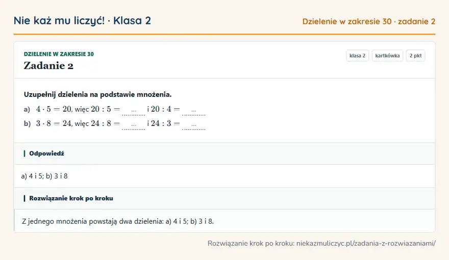 Rozwiązanie zadania 2 — Dzielenie w zakresie 30 (klasa 2): Uzupełnij dzielenia na podstawie mnożenia. a) 4 · 5 = 20, więc 20: 5 = … i 20: 4 = … b) 3 · 8 = 24…