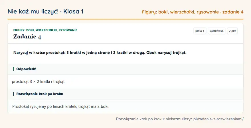 Rozwiązanie zadania 4 — Figury: boki, wierzchołki, rysowanie (klasa 1): Narysuj w kratce prostokąt: 3 kratki w jedną stronę i 2 kratki w drugą. Obok narysuj trójkąt.