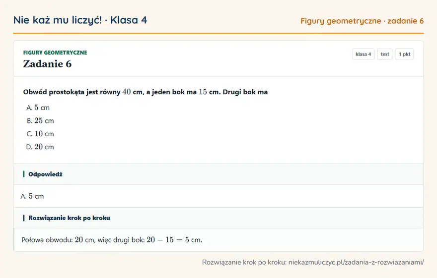Rozwiązanie zadania 6 — Figury geometryczne (klasa 4): Obwód prostokąta jest równy 40 cm, a jeden bok ma 15 cm. Drugi bok ma