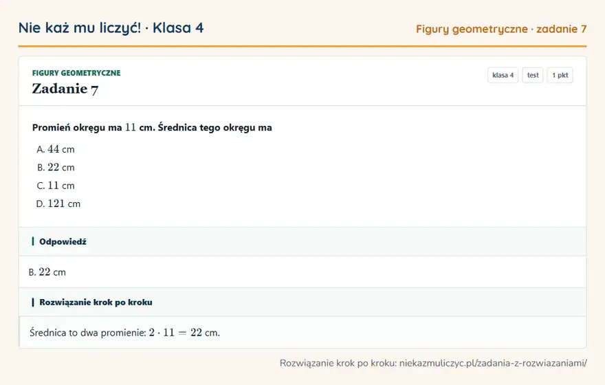 Rozwiązanie zadania 7 — Figury geometryczne (klasa 4): Promień okręgu ma 11 cm. Średnica tego okręgu ma