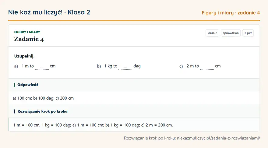 Rozwiązanie zadania 4 — Figury i miary (klasa 2): Uzupełnij. a) 1 m to … cm b) 1 kg to … dag c) 2 m to … cm
