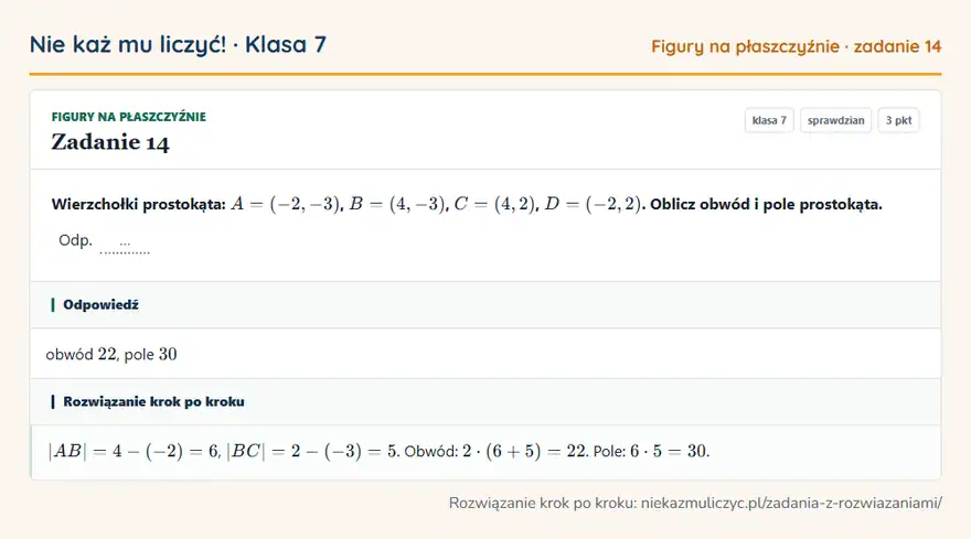 Rozwiązanie zadania 14 — Figury na płaszczyźnie (klasa 7): Wierzchołki prostokąta: A = (-2, -3), B = (4, -3), C = (4, 2), D = (-2, 2). Oblicz obwód i pole…