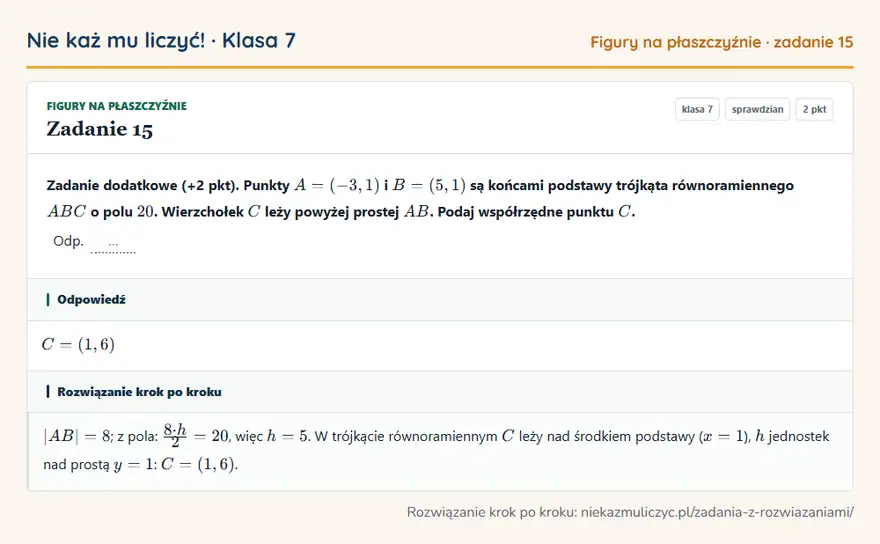 Rozwiązanie zadania 15, sprawdzian „Figury na płaszczyźnie”, klasa 7: Zadanie dodatkowe (+2 pkt). Punkty A = (-3, 1) i B = (5, 1) są końcami podstawy trójkąta… Odpowiedź: C = (1, 6)