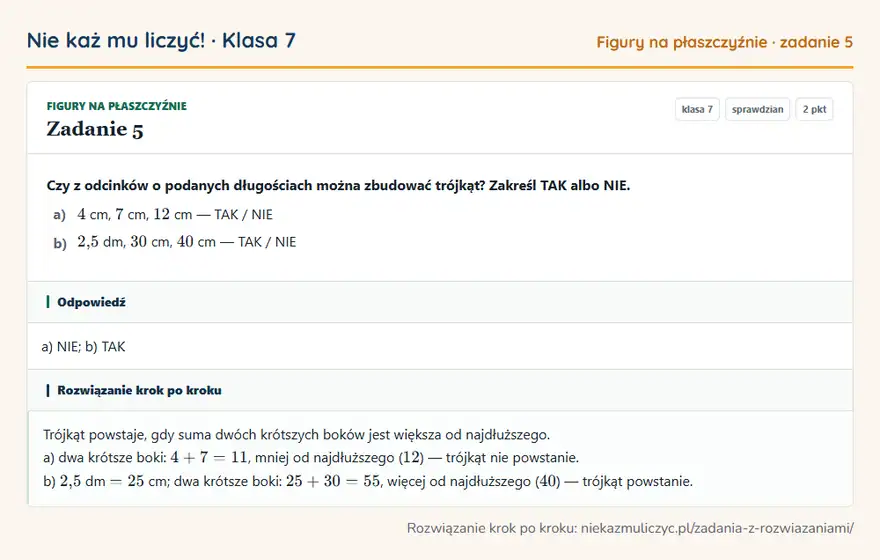 Rozwiązanie zadania 5 — Figury na płaszczyźnie (klasa 7): Czy z odcinków o podanych długościach można zbudować trójkąt? Zakreśl TAK albo NIE. a) 4 cm, 7 cm…