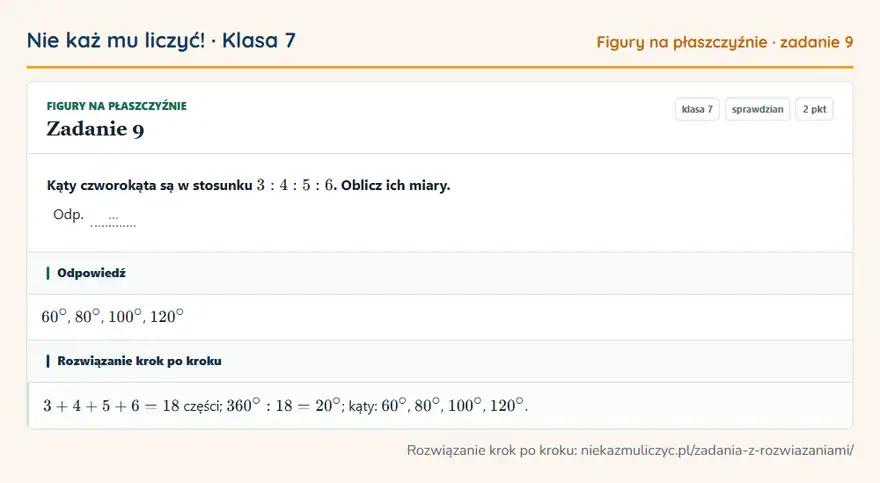 Rozwiązanie zadania 9 — Figury na płaszczyźnie (klasa 7): Kąty czworokąta są w stosunku 3: 4: 5: 6. Oblicz ich miary. Odp. …