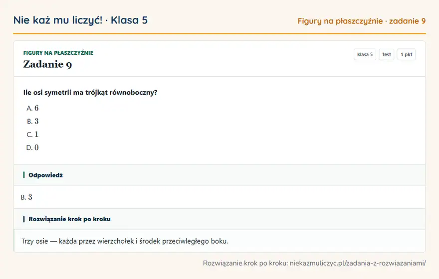 Rozwiązanie zadania 9, test „Figury na płaszczyźnie”, klasa 5: Ile osi symetrii ma trójkąt równoboczny? Odpowiedź: B. 3
