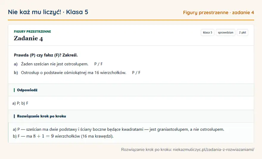 Rozwiązanie zadania 4 — Figury przestrzenne (klasa 5): Prawda (P) czy fałsz (F)? Zakreśl. a) Żaden sześcian nie jest ostrosłupem. P / F b) Ostrosłup o…