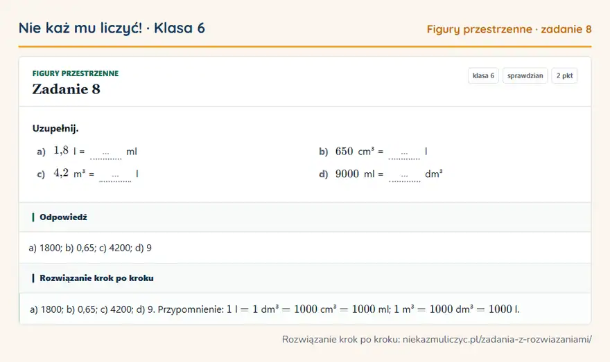 Rozwiązanie zadania 8 — Figury przestrzenne (klasa 6): Uzupełnij. a) 1,8 l = … ml b) 650 cm³ = … l c) 4,2 m³ = … l d) 9000 ml = … dm³