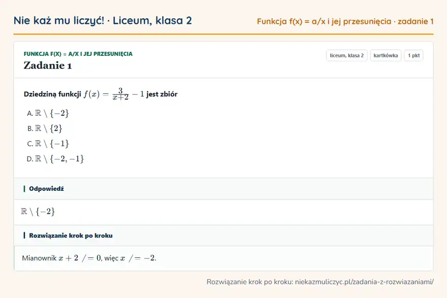 Rozwiązanie zadania 1 — Funkcja f(x) = a/x i jej przesunięcia (liceum, klasa 2): Dziedziną funkcji f(x) = 3/x + 2 - 1 jest zbiór