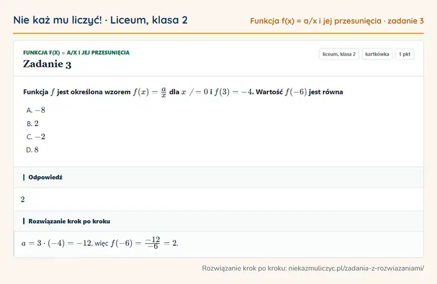 Rozwiązanie zadania 3 — Funkcja f(x) = a/x i jej przesunięcia (liceum, klasa 2): Funkcja f jest określona wzorem f(x) = a/x dla x 0 i f(3) = -4. Wartość f(-6) jest równa