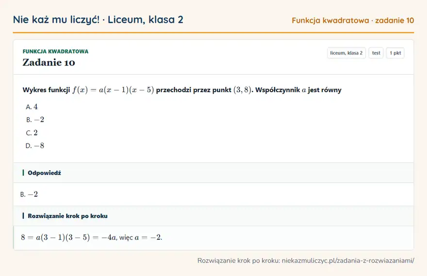 Rozwiązanie zadania 10, test „Funkcja kwadratowa”, liceum, klasa 2: Wykres funkcji f(x) = a(x - 1)(x - 5) przechodzi przez punkt (3, 8). Współczynnik a jest równy Odpowiedź: B. -2