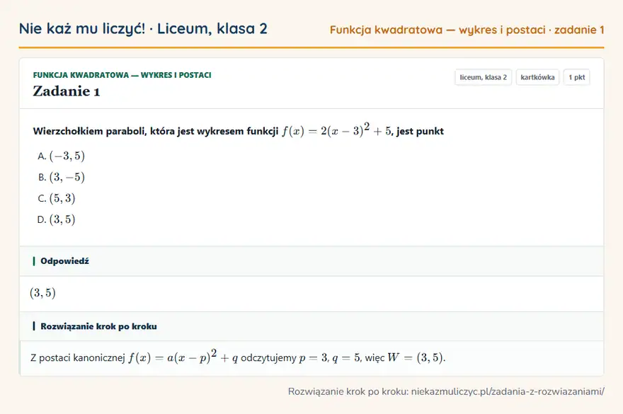 Rozwiązanie zadania 1 — Funkcja kwadratowa — wykres i postaci (liceum, klasa 2): Wierzchołkiem paraboli, która jest wykresem funkcji f(x) = 2(x - 3)² + 5, jest punkt