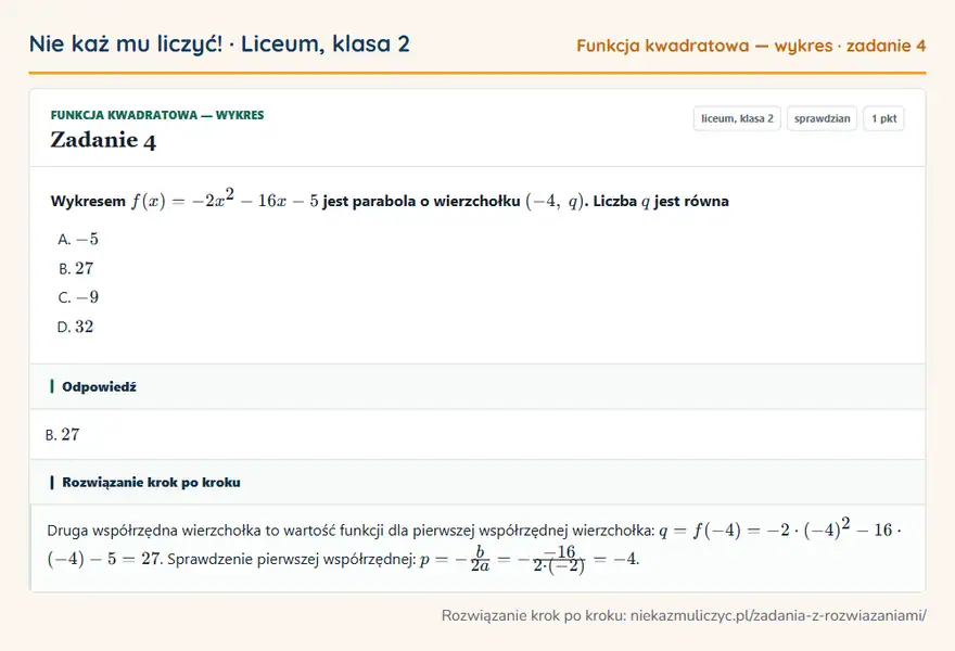 Rozwiązanie zadania 4 — Funkcja kwadratowa — wykres (liceum, klasa 2): Wykresem f(x) = -2x² - 16x - 5 jest parabola o wierzchołku (-4, q). Liczba q jest równa