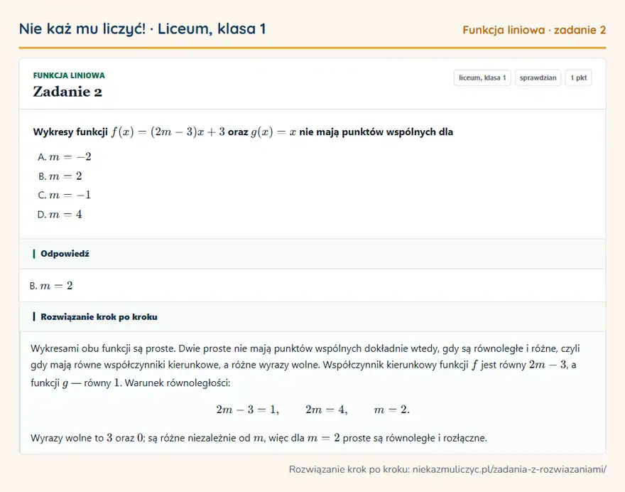 Rozwiązanie zadania 2, sprawdzian „Funkcja liniowa”, liceum, klasa 1: Wykresy funkcji f(x) = (2m-3)x + 3 oraz g(x) = x nie mają punktów wspólnych dla Odpowiedź: B. m = 2