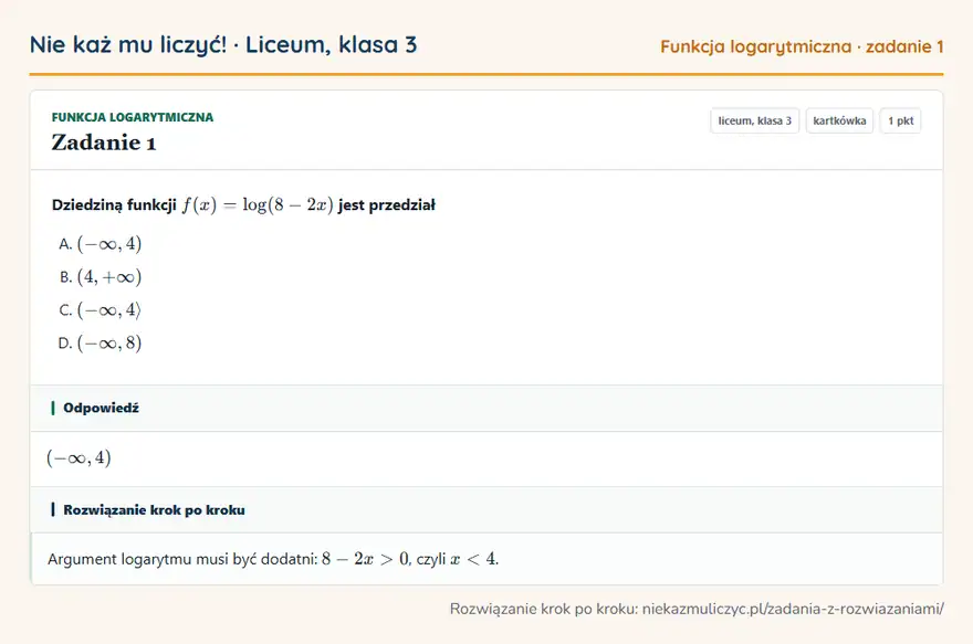 Rozwiązanie zadania 1 — Funkcja logarytmiczna (liceum, klasa 3): Dziedziną funkcji f(x) = log(8 - 2x) jest przedział