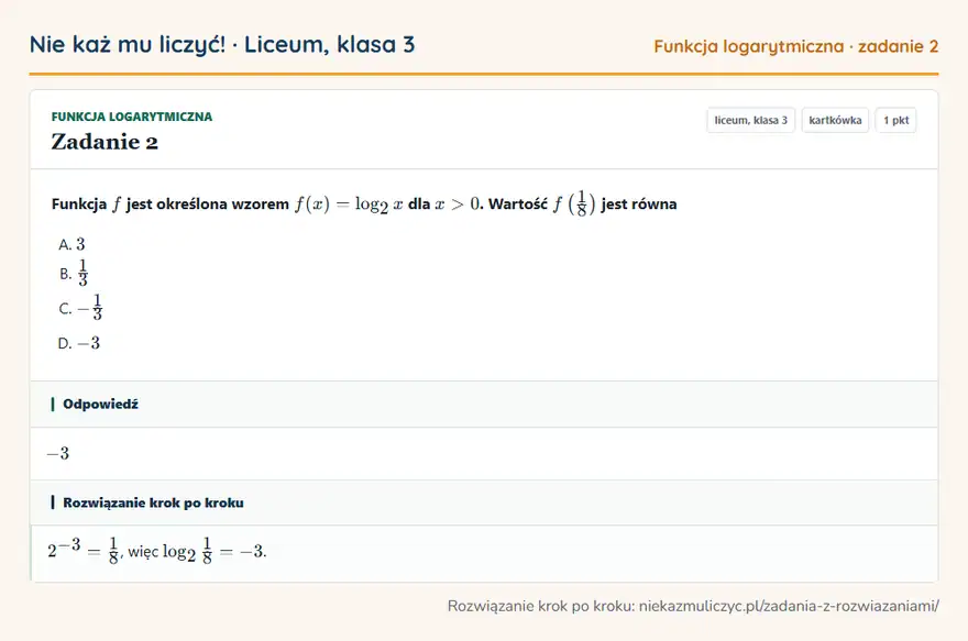 Rozwiązanie zadania 2 — Funkcja logarytmiczna (liceum, klasa 3): Funkcja f jest określona wzorem f(x) = log2 x dla x > 0. Wartość f (1/8 ) jest równa