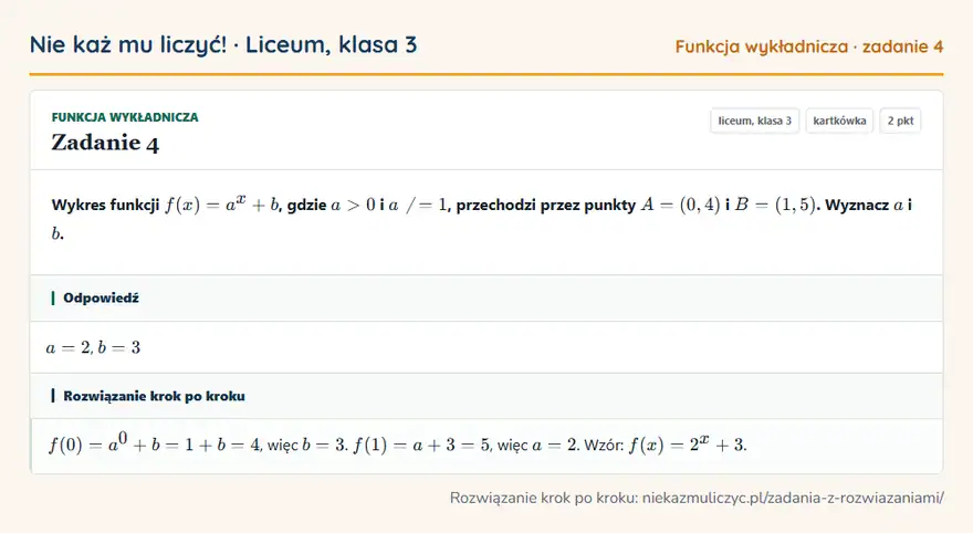 Rozwiązanie zadania 4 — Funkcja wykładnicza (liceum, klasa 3): Wykres funkcji f(x) = a^x + b, gdzie a > 0 i a 1, przechodzi przez punkty A = (0, 4) i B = (1, 5)…