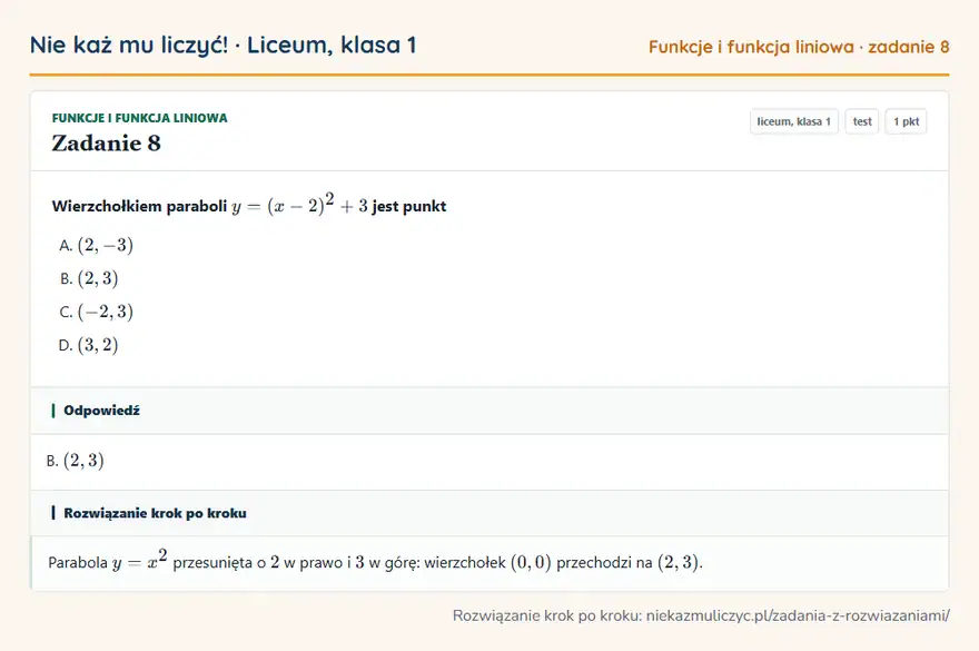Rozwiązanie zadania 8 — Funkcje i funkcja liniowa (liceum, klasa 1): Wierzchołkiem paraboli y = (x - 2)² + 3 jest punkt