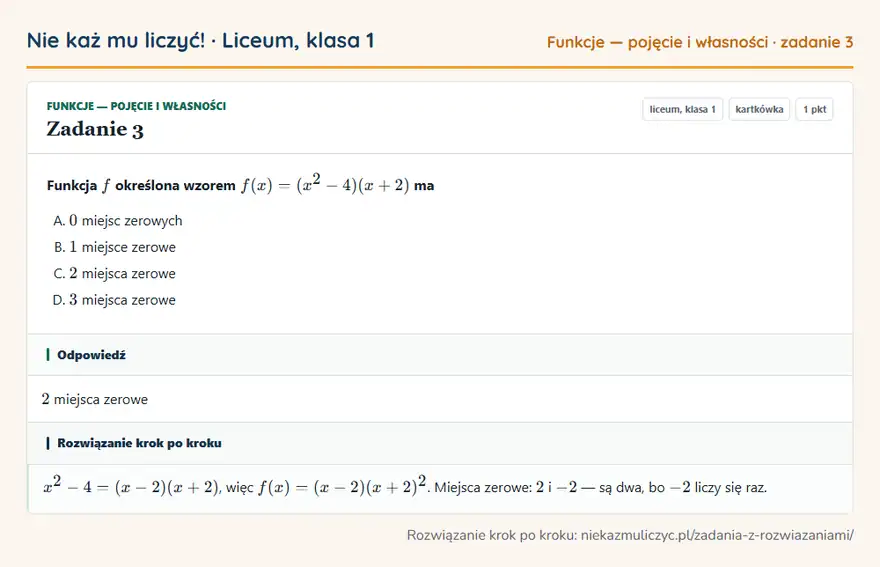 Rozwiązanie zadania 3 — Funkcje — pojęcie i własności (liceum, klasa 1): Funkcja f określona wzorem f(x) = (x² - 4)(x + 2) ma
