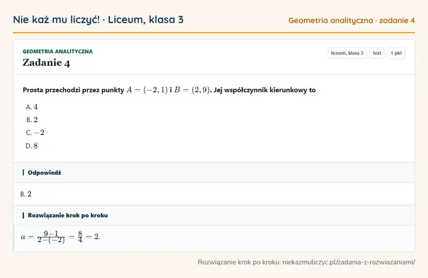 Rozwiązanie zadania 4, test „Geometria analityczna”, liceum, klasa 3: Prosta przechodzi przez punkty A = (-2, 1) i B = (2, 9). Jej współczynnik kierunkowy to Odpowiedź: B. 2