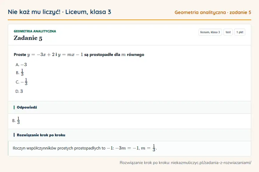 Rozwiązanie zadania 5, test „Geometria analityczna”, liceum, klasa 3: Proste y = -3x + 2 i y = mx - 1 są prostopadłe dla m równego Odpowiedź: B. 1/3