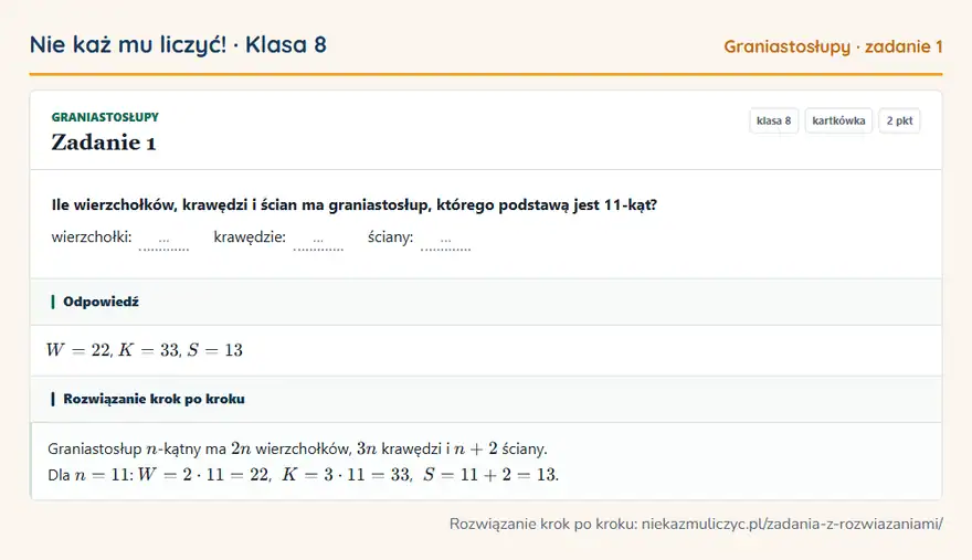 Rozwiązanie zadania 1, kartkówka „Graniastosłupy”, klasa 8: Ile wierzchołków, krawędzi i ścian ma graniastosłup, którego podstawą jest 11-kąt? wierzchołki: …… Odpowiedź: W = 22, K = 33, S = 13