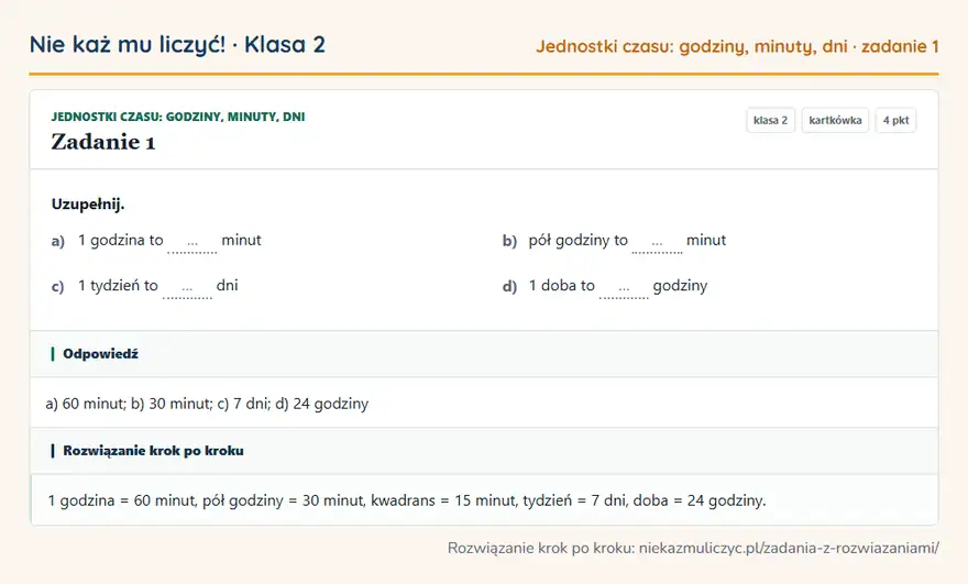 Rozwiązanie zadania 1 — Jednostki czasu: godziny, minuty, dni (klasa 2): Uzupełnij. a) 1 godzina to … minut b) pół godziny to … minut c) 1 tydzień to … dni d) 1 doba to ……