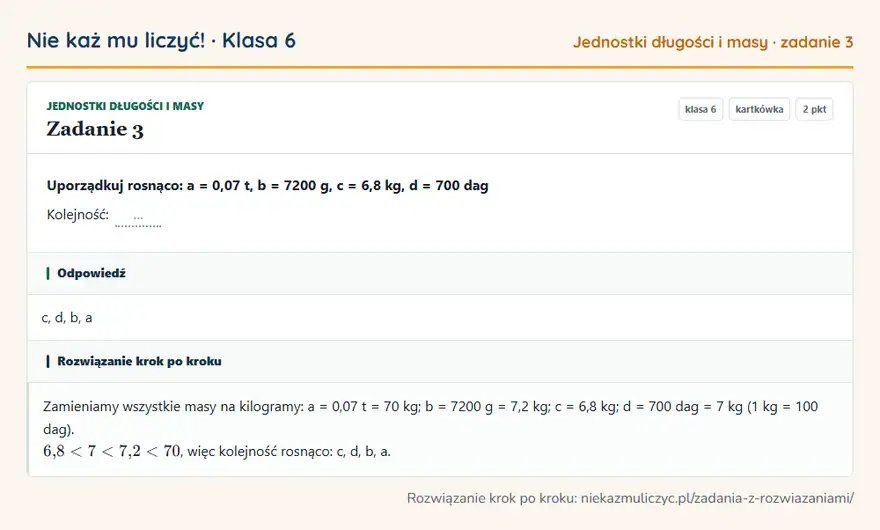Rozwiązanie zadania 3, kartkówka „Jednostki długości i masy”, klasa 6: Uporządkuj rosnąco: a = 0,07 t, b = 7200 g, c = 6,8 kg, d = 700 dag Kolejność: … Odpowiedź: c, d, b, a