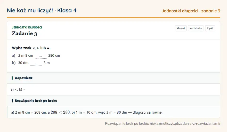 Rozwiązanie zadania 3, kartkówka „Jednostki długości”, klasa 4: Wpisz znak <, > lub =. a) 2 m 8 cm … 280 cm b) 30 dm … 3 m Odpowiedź: a) <; b) =