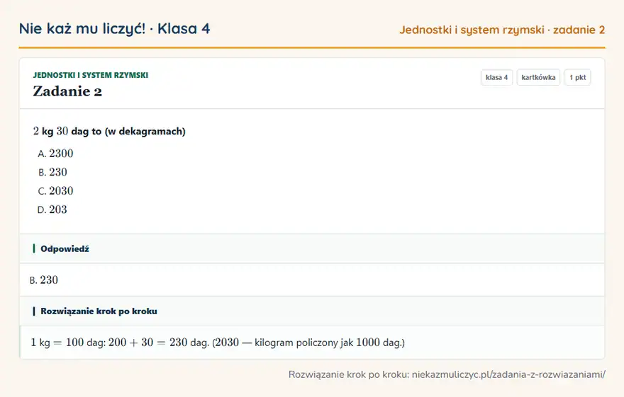Rozwiązanie zadania 2, kartkówka „Jednostki i system rzymski”, klasa 4: 2 kg 30 dag to (w dekagramach) Odpowiedź: B. 230