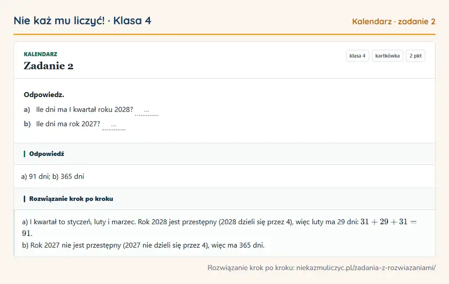Rozwiązanie zadania 2 — Kalendarz (klasa 4): Odpowiedz. a) Ile dni ma I kwartał roku 2028? … b) Ile dni ma rok 2027? …
