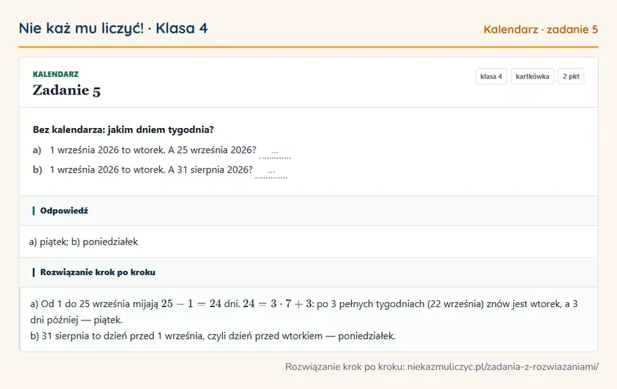 Rozwiązanie zadania 5 — Kalendarz (klasa 4): Bez kalendarza: jakim dniem tygodnia? a) 1 września 2026 to wtorek. A 25 września 2026? … b) 1…