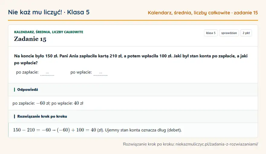 Rozwiązanie zadania 15 — Kalendarz, średnia, liczby całkowite (klasa 5): Na koncie było 150 zł. Pani Ania zapłaciła kartą 210 zł, a potem wpłaciła 100 zł. Jaki był stan…