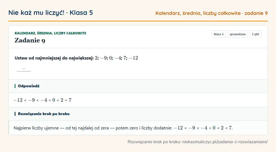 Rozwiązanie zadania 9 — Kalendarz, średnia, liczby całkowite (klasa 5): Ustaw od najmniejszej do największej: 2; -9; 0; -4; 7; -12 …