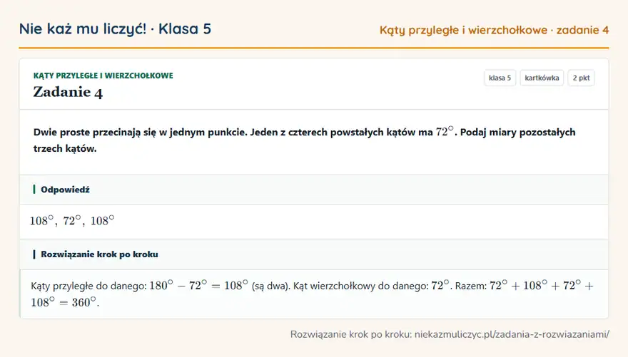 Rozwiązanie zadania 4, kartkówka „Kąty przyległe i wierzchołkowe”, klasa 5: Dwie proste przecinają się w jednym punkcie. Jeden z czterech powstałych kątów ma 72°. Podaj miary… Odpowiedź: 108°, 72°, 108°