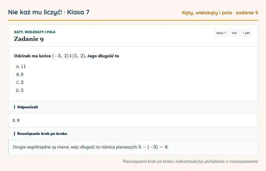 Rozwiązanie zadania 9, test „Kąty, wielokąty i pola”, klasa 7: Odcinek ma końce (-3, 2) i (5, 2). Jego długość to Odpowiedź: B. 8