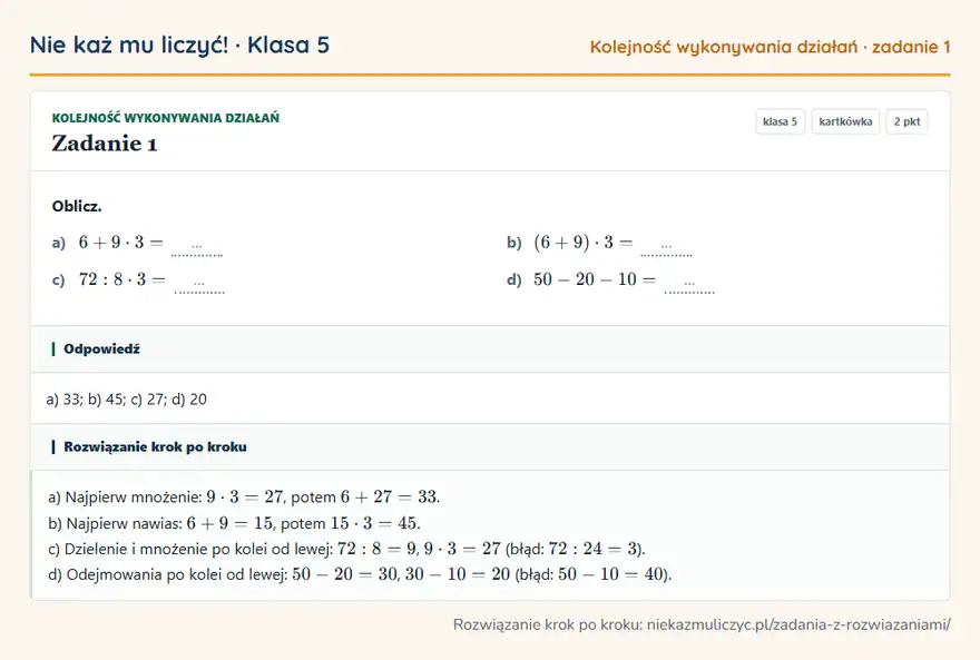 Rozwiązanie zadania 1 — Kolejność wykonywania działań (klasa 5): Oblicz. a) 6 + 9 · 3 = … b) (6 + 9) · 3 = … c) 72: 8 · 3 = … d) 50 - 20 - 10 = …