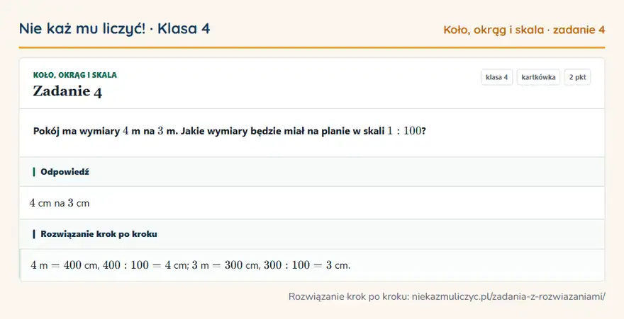 Rozwiązanie zadania 4 — Koło, okrąg i skala (klasa 4): Pokój ma wymiary 4 m na 3 m. Jakie wymiary będzie miał na planie w skali 1: 100?