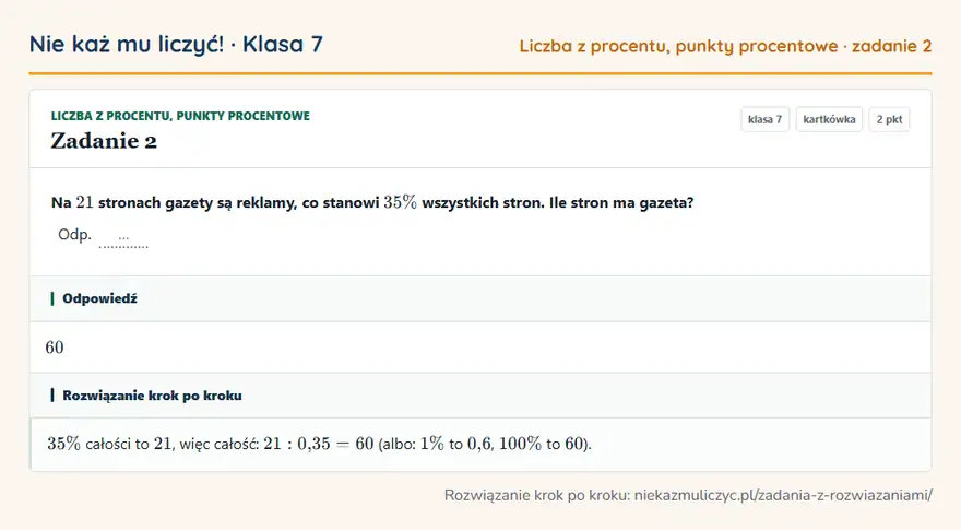 Rozwiązanie zadania 2 — Liczba z procentu, punkty procentowe (klasa 7): Na 21 stronach gazety są reklamy, co stanowi 35\% wszystkich stron. Ile stron ma gazeta? Odp. …