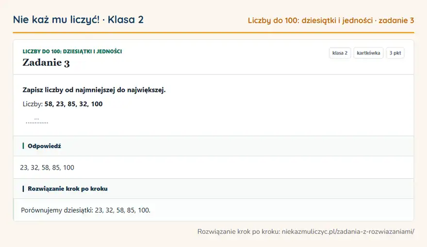 Rozwiązanie zadania 3 — Liczby do 100: dziesiątki i jedności (klasa 2): Zapisz liczby od najmniejszej do największej. Liczby: 58, 23, 85, 32, 100 …